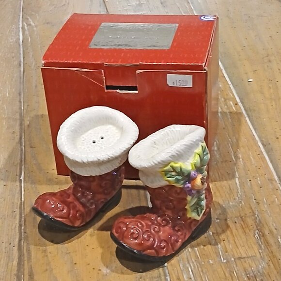 Fitz & Floyd Christmas Santa Boots Salt/Pepper Shakers Tableware Mint Orig Pkg - Picture 4 of 9